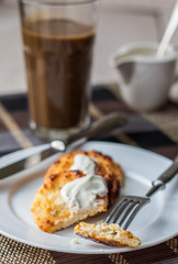 cheese pancakes with sour cream and coffee, breakfast