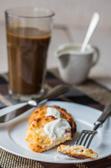 cheese pancakes with sour cream and coffee, breakfast