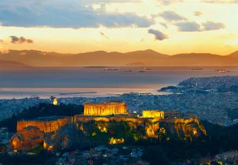 Poster Athene, Griekenland. Na zonsondergang. Parthenon en Herodium constructie © SJ Travel Footage
