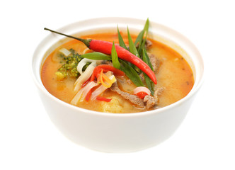 Thai spicy soup with beef, chili and vegetables