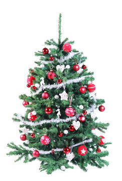 Colorful decorated red and silver Christmas tree