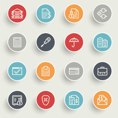 Banking icons with color buttons on gray background.