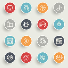 Audio video icons with color buttons on gray background.
