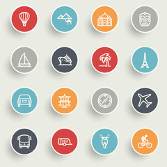Travel icons with color buttons on gray background.