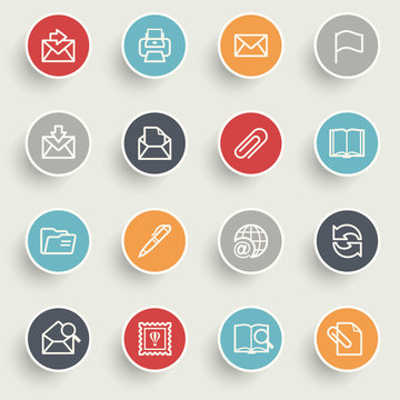 Email icons with color buttons on gray background.