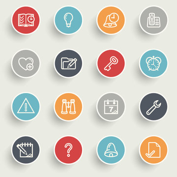 Organizer icons with color buttons on gray background.