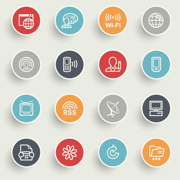 Communication icons with color buttons on gray background.