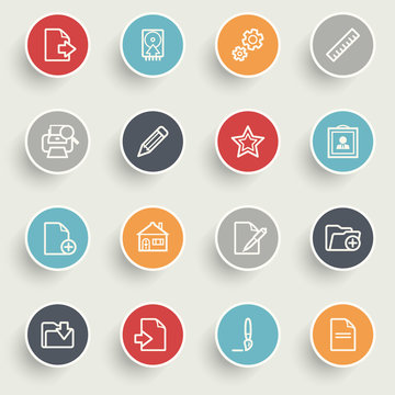 Document icons with color buttons on gray background.