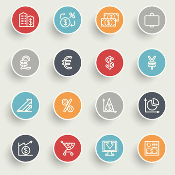 Finance icons with color buttons on gray background.