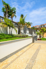 Alley in gardens of luxury hotel  on Madeira island, Portugal