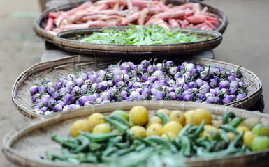 Local street market colorful vertical background with shallow de