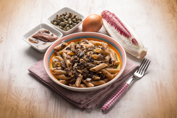 macaroni with red chicory anchovy and capers