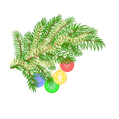 Fototapeta na wymiar Christmas branch with various baubles vector