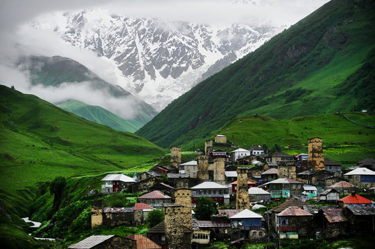 Ushguli village with Shkhara mountain in the background