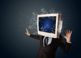 Computer monitor screen exploding on a young persons head