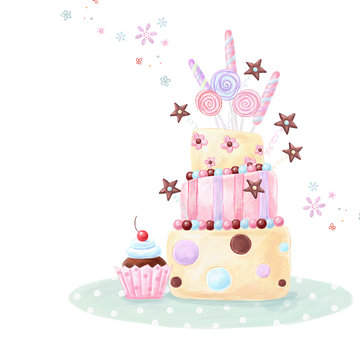 Tea time design.Birthday cake.Happy Birthday