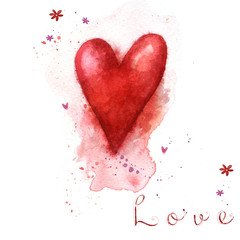 Watercolor painted red heart.Love heart design.