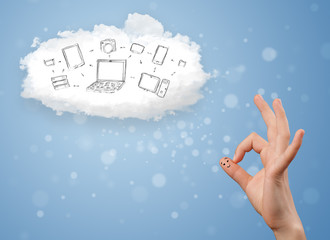 Happy smiley fingers looking at cloud computing with technology