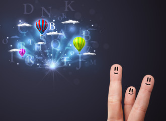 Happy smiley fingers looking at hot air balloons in the cloudy s
