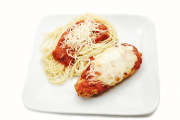 A Plate of Chicken Parmesan and Angel Hair Pasta