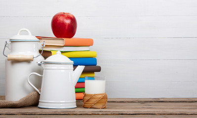 glass of fresh milk old wooden table