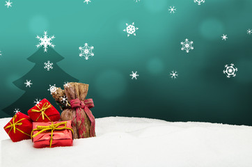 Christmas background - Christmas tree - gifts - turquoise - Snow