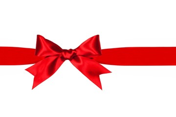 Red satin gift ribbon and bow border isolated on white