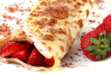pancakes with strawberry and chocolate on white