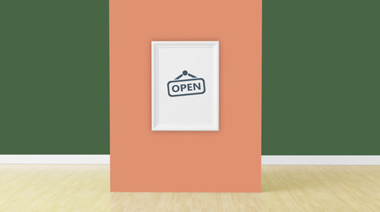 frame in orange wall in room, 3d render