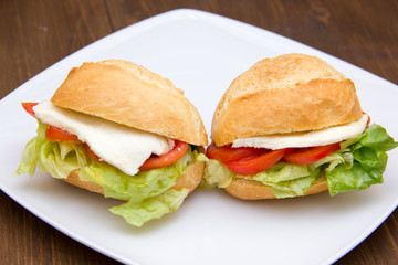 Sandwiches on plate over wood close