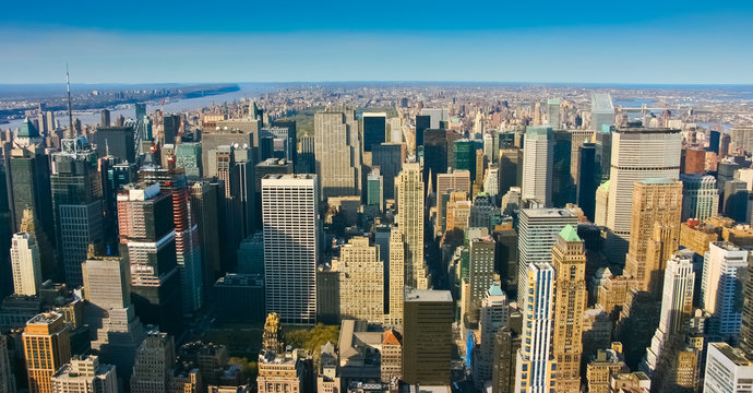 Aerial panoramic view over upper Manhattan