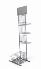 metal rack with baskets for product exposition with blank plate