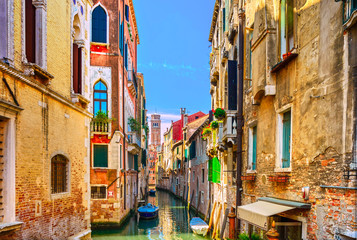 Venice cityscape, water canal, campanile church and traditional - obrazy, fototapety, plakaty