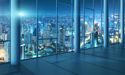 Obraz na płótnie Canvas Office with glass wall and evening city