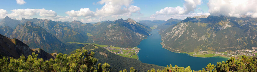 picturesque landscape and panoramic view to achensee, a - obrazy, fototapety, plakaty