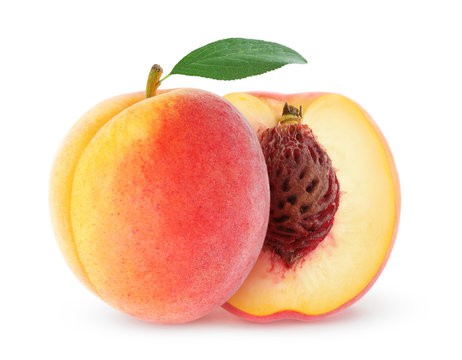 Isolated peach. Whole and cut peaches over white background, with clipping path