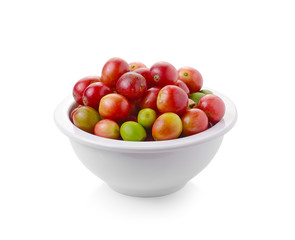 fresh coffee beans in bowl isolated on white background