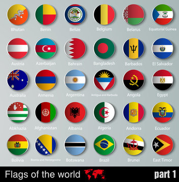 Flags of all countries  with shadows