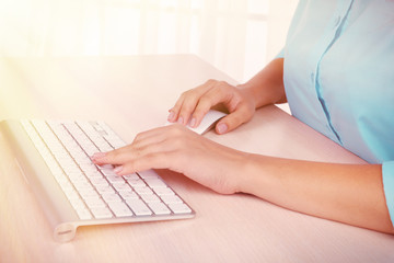 Female hands typing on keyboard on light background