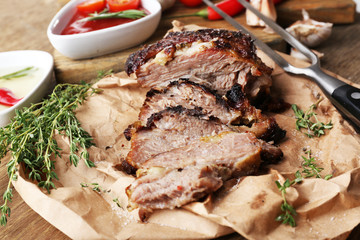 Delicious grilled meat on table
