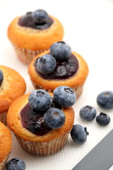 Blueberry Muffin with Blueberries in Background.