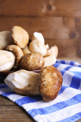 Wild mushrooms on plate on wooden background