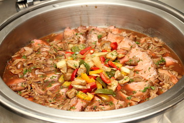 Pork slice and sauce in dish