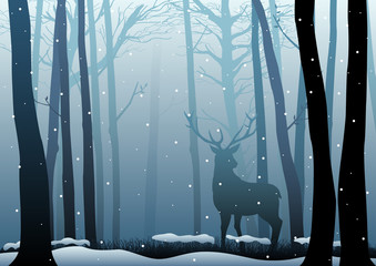 Naklejka premium Silhouette of a deer in dark woods