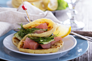 Scandinavian potato pancakes with salmon