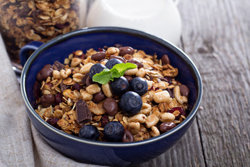 Chocolate breakfast granola in a bowl