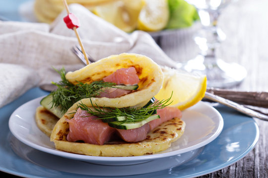 Scandinavian potato pancakes with salmon