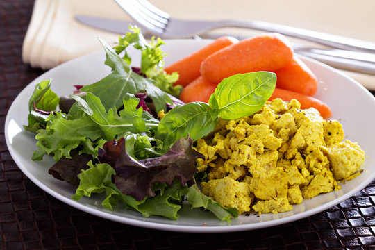 Scrambled Tofu With Salad Leaves For Breakfast