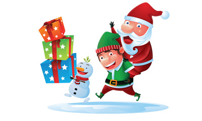 Santa, elf and snowman bring gift box