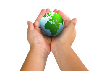 child hand holding the planet